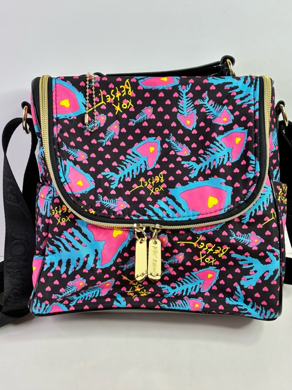 Betsey Johnson Insulated Lunch Tote Bag Fish Bones Hearts Pink Blue *READ*